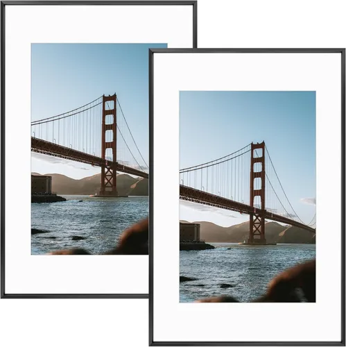 Miniatura 35 de Frametory, Portarretratos de metal de 16 x 24 pulgadas con paspartú para fotos de 12 x 18 pulgadas y vidrio real, colección de marcos de fotos