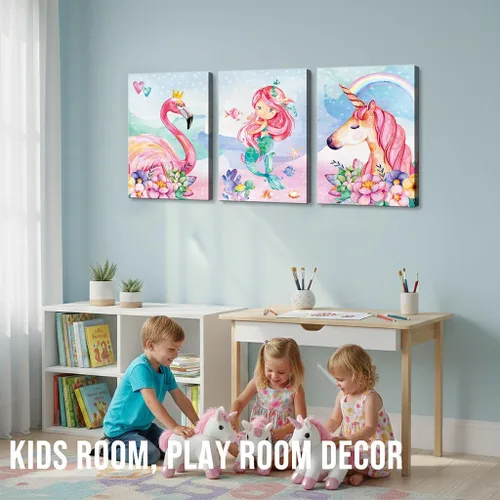 Miniatura 4 de Imágenes de decoración de pared de unicornio rosa para habitación de niñas, dormitorio, baño, arte de pared lindo de sirena, flamenco, acuarela