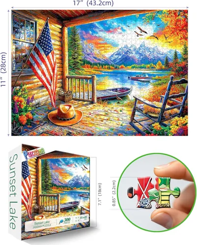 Miniatura 2 de Rompecabezas de 300 piezas para adultos: Hermosa escena de lago de montaña de otoño con cabaña junto al lago, paisaje natural y vista del porche
