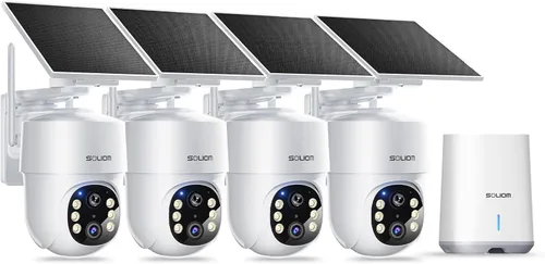 SOLIOM - Cámaras de seguridad de 5MP inalámbricas para exteriores, sin suscripción y alimentadas por energía solar, 4 cámaras para seguridad en el