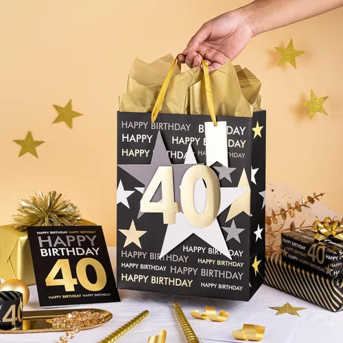 Miniatura 4 de Loveinside Bolsa de regalo de cumpleaños con papel de seda y tarjeta de felicitación para cumpleaños 40 – 10 x 5 x 13 pulgadas, 1 unidad, oro negro
