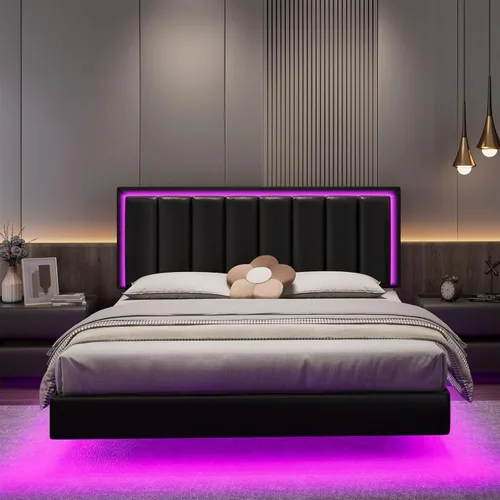 Miniatura 7 de IMMERSTABLE Marco de cama flotante tamaño Queen, marco de cama tapizado tamaño Queen con cabecero, luces LED RGB, soporte de listones de madera Negro