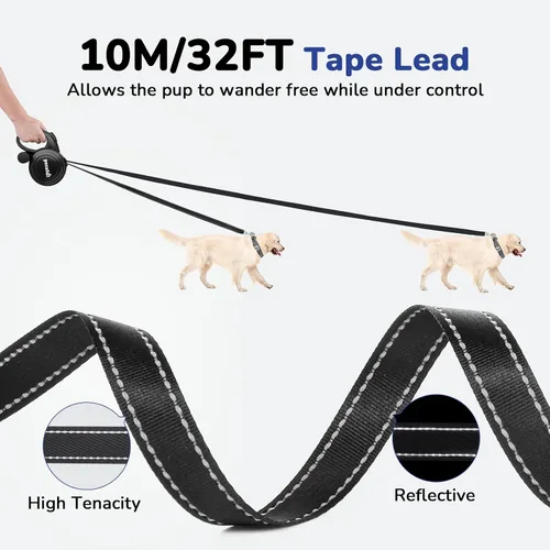 Miniatura 2 de Correa retráctil para perro de 32 pies con tiras reflectantes, control de un botón y material de nailon resistente, correa larga retráctil