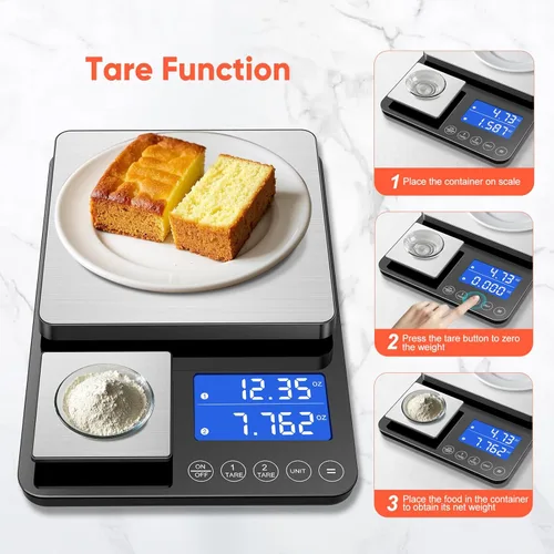 Miniatura 5 de KUAIVO Báscula de cocina de doble plataforma de 0.001 onzas / 33 libras, báscula digital de alimentos con dos superficies de precisión, pantalla