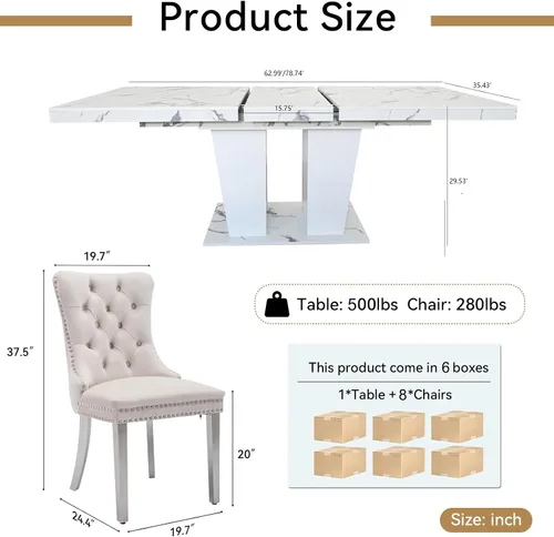Miniatura 3 de Juego de 9 mesas de comedor extensibles blancas de 63 a 78.74 pulgadas, juego de mesa de cocina y comedor moderna expandible para 8, mesa de comedor