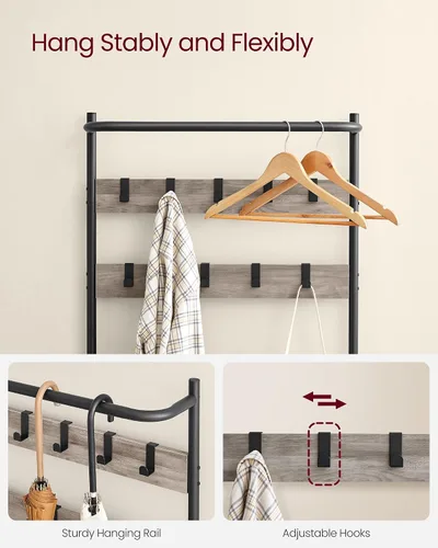 Miniatura 5 de VASAGLE Árbol de pasillo con banco y almacenamiento de zapatos, banco de entrada con perchero y zapatero, 9 ganchos móviles, barra superior