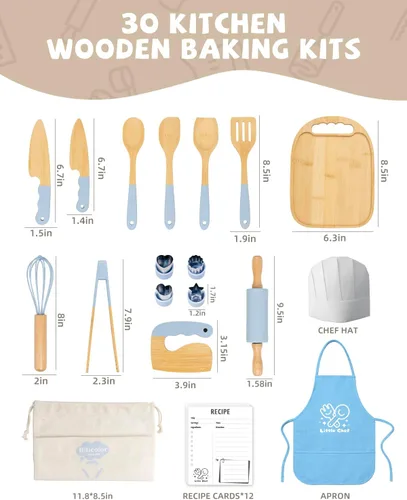 Miniatura 4 de Juego de cocina Montessori de madera para niños, herramientas de cocina reales y utensilios para hornear, kit de cocina de 15 piezas para niños
