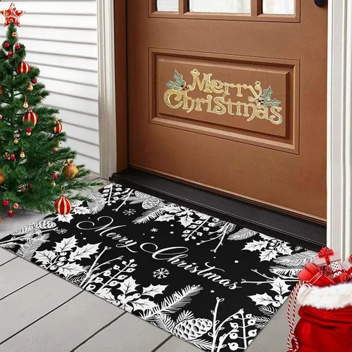 Miniatura 5 de Tapete negro de Navidad para entrada al aire libre, antideslizante, ramas de pino acebo, piñas, decoración de Feliz Navidad, tapete lavable
