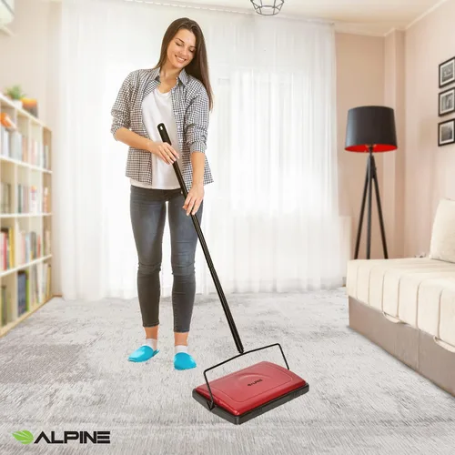 Miniatura 6 de Alpine - Barredora manual de alfombras de triple cepillo, limpiador de suelos no eléctrico multisuperficie, fácil de barrer para suelos alfombrados