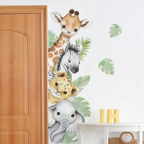 Miniatura 20 de Calcomanías de pared de animales de acuarela de 56.29 x 44.88 pulgadas, calcomanías de animales de selva, tigre, elefante, cebra, jirafa, mono