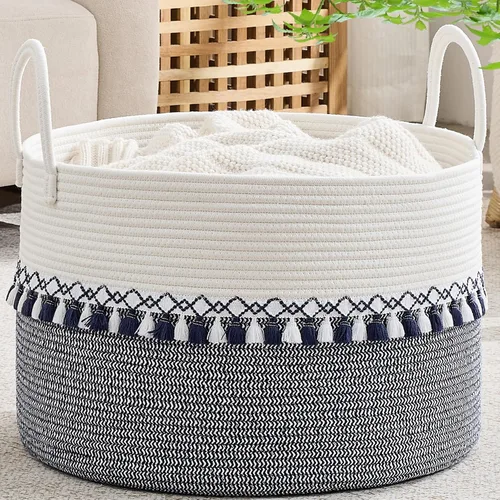 Miniatura 27 de KAKAMAY Cesta grande para manta (20 x 13 pulgadas), cestas tejidas para almacenamiento de ropa sucia de bebé, canasta de manta de cuerda de algodón