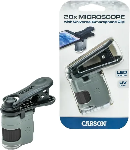 Miniatura 4 de Carson MicroMini - Microscopio de bolsillo con iluminación LED y linterna UV integrada y clip adaptador universal para digiscopio para smartphone