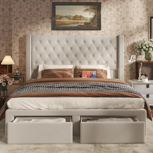 CIKUNASI Base de cama tapizada de terciopelo tamaño Queen con cabecera y almacenamiento, marco de cama alto con 2 cajones, base de cama copetuda con