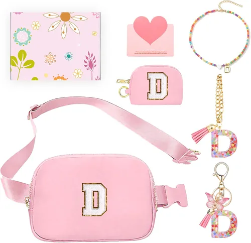 Miniatura 21 de Regalos de moda para niñas adolescentes, cangurera con monograma para niña con llavero, collar, dijes de taza, tarjeta de felicitación y caja