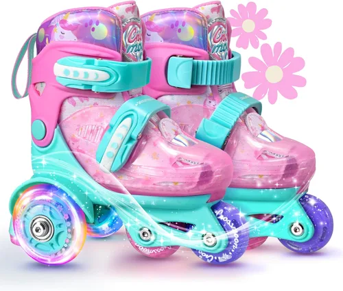 Patines de unicornio para niños pequeños, patines de entrenamiento para niños con triple protección de seguridad, patines de 4 tamaños ajustables,