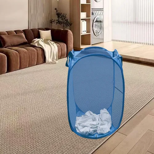 Miniatura 3 de Aplter Cesta de malla desplegable para ropa sucia para crucero, cesta plegable para ropa sucia con asas, bolsillo lateral, color azul ceniza