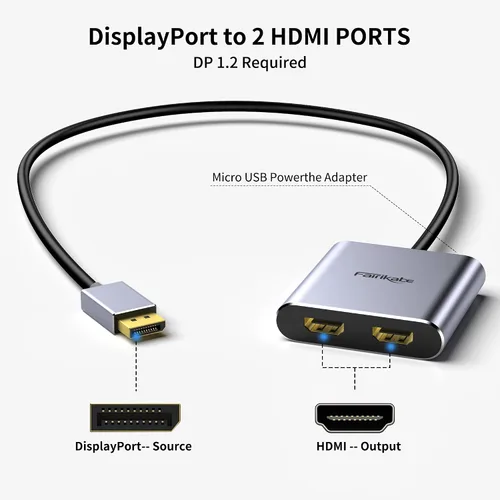 Miniatura 3 de Adaptador Displayport a HDMI dual, puerto de pantalla 4K 60Hz a divisor HDMI para monitores duales, pantalla extendida, monitor HDMI DP 1.2 a 2