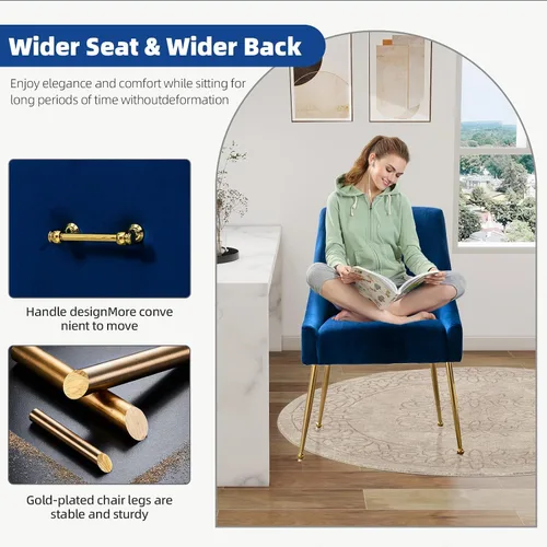 Miniatura 7 de Juego de 2 sillas de comedor de terciopelo, sillas de comedor tapizadas con patas de metal dorado pulido, sillas auxiliares de cocina de granja, Azul