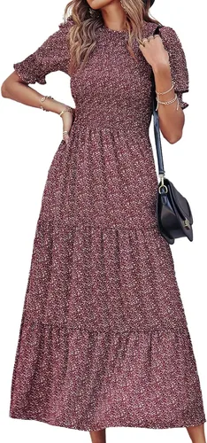 Miniatura 162 de BTFBM Vestidos para mujer, cuello redondo, casual, de verano, con volantes, manga corta, bohemio, con niveles, fruncido, largo, con estampado floral