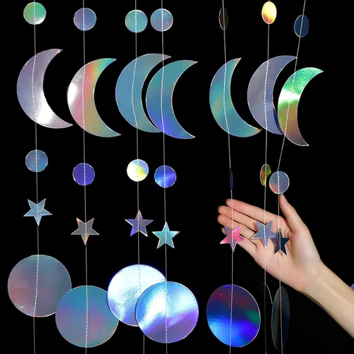 Miniatura 6 de Decoración de Ramadán, estrella iridiscente, luna, círculo, guirnalda colgante brillante, serpentina colgante de ramadán, kit de media luna colgante