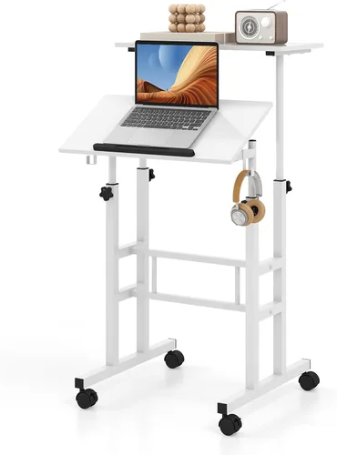 Miniatura 11 de Tangkula Escritorio móvil de pie, carrito de podio para laptop de altura ajustable con mesa inclinable y ángulo ajustable, escritorio de computadora