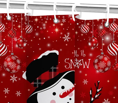 Miniatura 8 de Cortina de ducha de muñeco de nieve de Navidad, bola de Navidad roja, bonita cortina de ducha de muñeco de nieve de invierno, decoración navideña