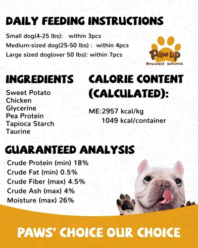Miniatura 9 de PAWUP Golosinas para Perros Cecina de Pollo Envuelta en Batata Dulce, Ingredientes Naturales con Taurina, Golosinas para Perros Sin Granos, 12.5 oz