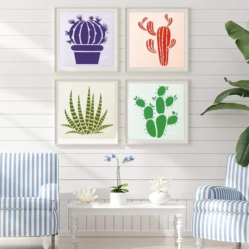 Miniatura 5 de TIAMECH 8 plantillas reutilizables de cactus para pintar, plantas suculentas y plantillas de capas de palmeras, arte de pared de bricolaje, muebles