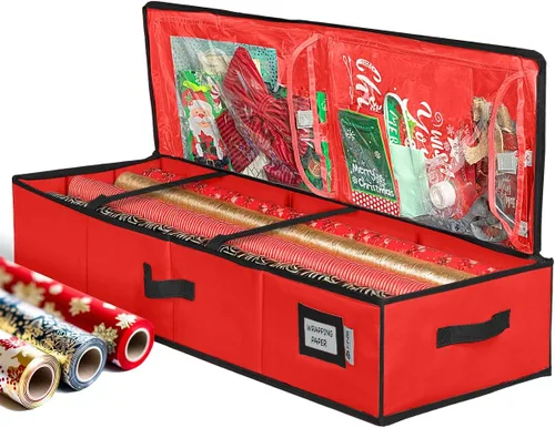 HOLDN' STORAGE Contenedor de Almacenamiento de Papel de Regalo Premium - Duradero 600D a Prueba de Desgarros, Cabe 27 Rollos de Papel de Regalo, Rojo