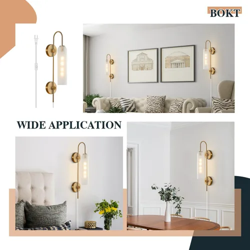 Miniatura 5 de BOKT Apliques de pared modernos de mediados de siglo con enchufe para interiores, largos, oro cepillado, vidrio blanco leche, apliques