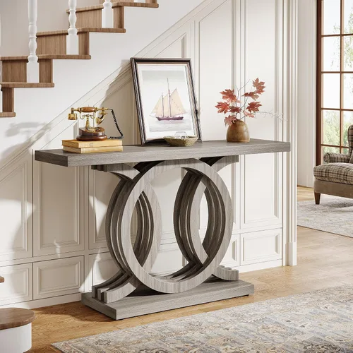 Miniatura 10 de Tribesigns Mesa consola de 55 pulgadas con base de madera geométrica, mesa de entrada moderna con mesa gruesa para sala de estar, pasillo, Marrón