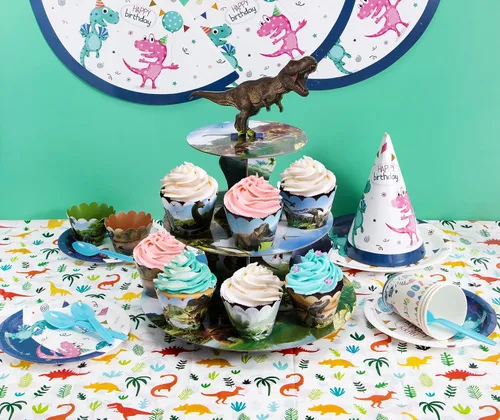 Miniatura 5 de Soporte para cupcakes de dinosaurio de 3 niveles para fiesta de cumpleaños de niños, soporte de cartón para 24 cupcakes