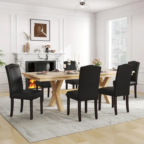 Miniatura 12 de LSSPAID Juego de 4 sillas de comedor, modernas y cómodas sillas Parsons tapizadas de lino con ribete de cabeza de clavo de bronce y patas de madera