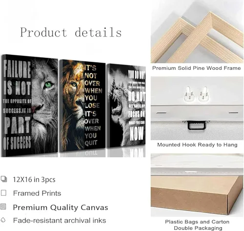 Miniatura 2 de 3 Piezas de Arte de Pared Inspirador para Oficina, Lienzo Moderno con Citas Motivacionales, Imágenes en Blanco y Negro de León, Decoración de Pared
