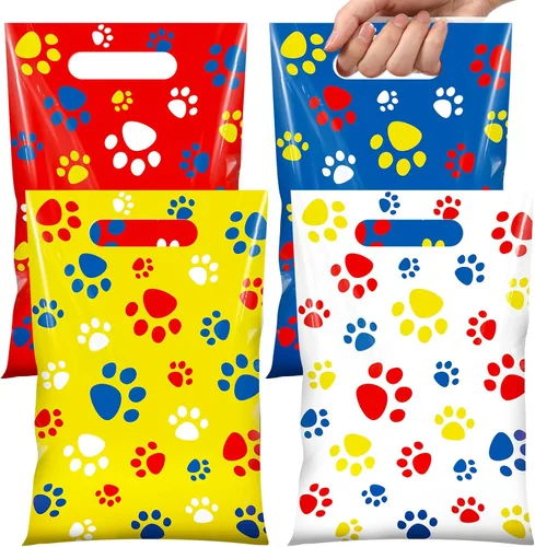 Miniatura 19 de Pasimy 100 bolsas de regalo de pata de perro a granel, diseño de pata de mascota, bolsas de plástico con asa para decoración de fiesta de cumpleaños