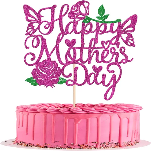 Miniatura 17 de Rsstarxi 1 paquete de decoración para pastel con flores de purpurina con doble corazón Love Mom Best Mom Best Mom Cake Pick Decoraciones para feliz