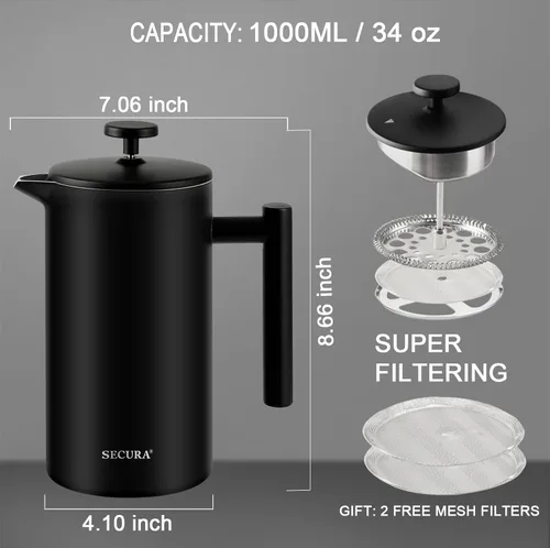 Miniatura 3 de Secura Cafetera de prensa francesa con filtro de acero inoxidable de 3 capas, 34 onzas, negro, diseño aislado de doble pared con 2 filtros