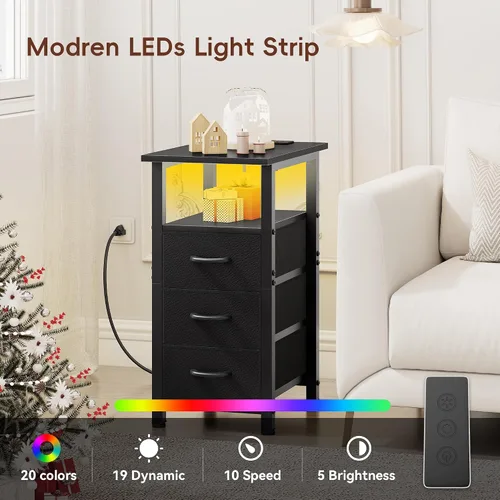 Miniatura 6 de Vagusicc Mesita de noche negra con estación de carga y luces LED, mesa auxiliar estrecha, mesita de noche LED con 3 cajones de tela para dormitorio
