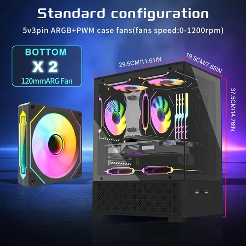 Miniatura 2 de Carcasa Micro ATX, carcasa MATX, ITX para PC con ventilador ARGB de 2 x 120 mm preinstalado, panel frontal y lateral de vidrio templado panorámico