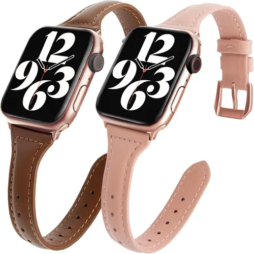 Miniatura 15 de 2 paquetes de correas delgadas de cuero genuino compatibles con Apple Watch de 38mm 40mm 41mm 42mm 44mm 45mm 49mm, correas delgadas de cuero de capa