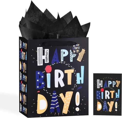 Miniatura 35 de Powbrace Bolsa de regalo de cumpleaños negra con papel de seda y tarjeta de felicitación, 13 x 10.2 x 4.9 pies, mediana