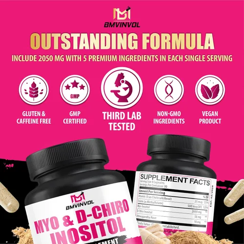Miniatura 7 de BMVINVOL Cápsulas de 2,050 mg de mio-inositol y D-Chiro inositol con folato, vitamina D, equilibrio hormonal y apoyo ovárico para mujeres