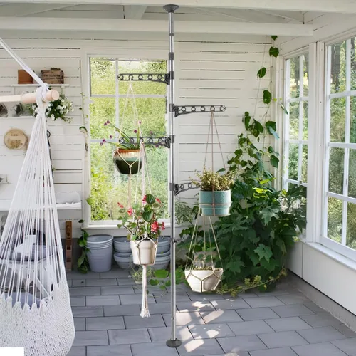 Miniatura 3 de BAOYOUNI Perchero organizador de 4 niveles para ropa de pie a techo, ajustable, de metal, para colgar ropa, color gris Gris con 4 ganchos y 1 gancho
