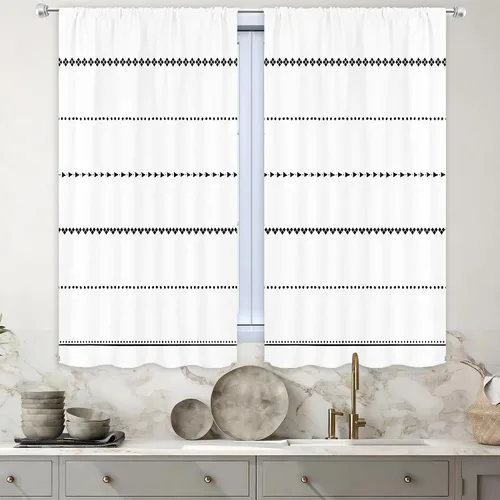 Miniatura 5 de MESHELLY Boho Kitchen Curtains 27.5Wx39H Inch Rod Pocket Black and White Modern Abstract Minimalist Geometric Tassels Chic Bedroom Window Drapes