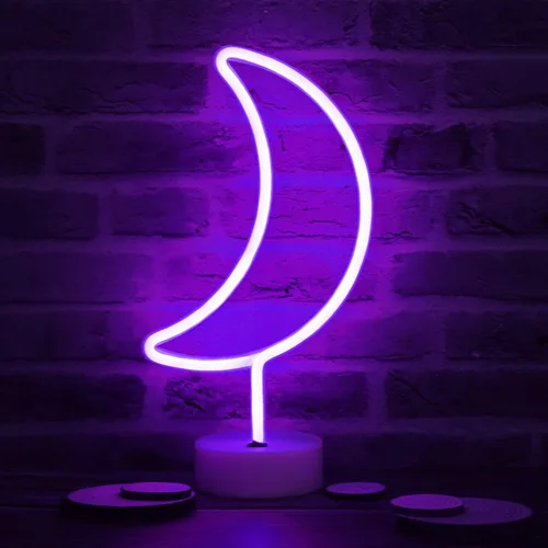 Miniatura 3 de Letreros LED de neón de luna, luces nocturnas moradas de media luna con USB, funciona con pilas, lámpara de luna para fiesta de cumpleaños, boda