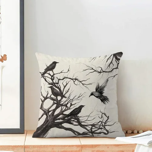 Miniatura 3 de Fundas de almohada de Halloween de 18 x 18 pulgadas, 2 piezas, fundas de almohada decorativas de cuervos en árbol negro para sofá, funda de cojín