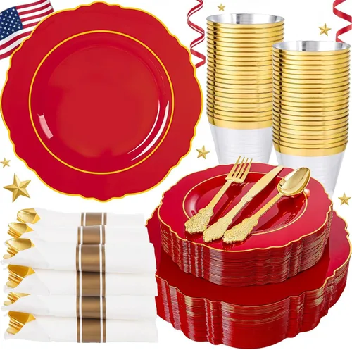 Miniatura 10 de Liacere 175 piezas Platos de Plástico Dorados - Blancos y Dorados Desechables, 50 PIEZAS Platos de Plástico para Cena, Perfectos para Bodas