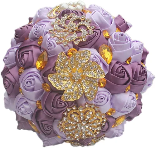 Miniatura 19 de Ramo de novia de 8 pulgadas con rosas de satén de 8 pulgadas con broches de cristal dorado hecho a medida, arreglo de centro de mesa, ramo azul real