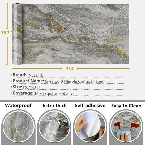 Miniatura 8 de VEELIKE Papel de contacto para encimera de mármol líquido dorado gris, impermeable, despegar y pegar para cocina, 15.7 x 354 pulgadas, papel tapiz
