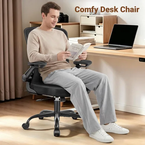 Miniatura 8 de BESTFAIR Silla de oficina ergonómica, silla de escritorio de malla para computadora con soporte lumbar, silla giratoria con brazos abatibles y Negro